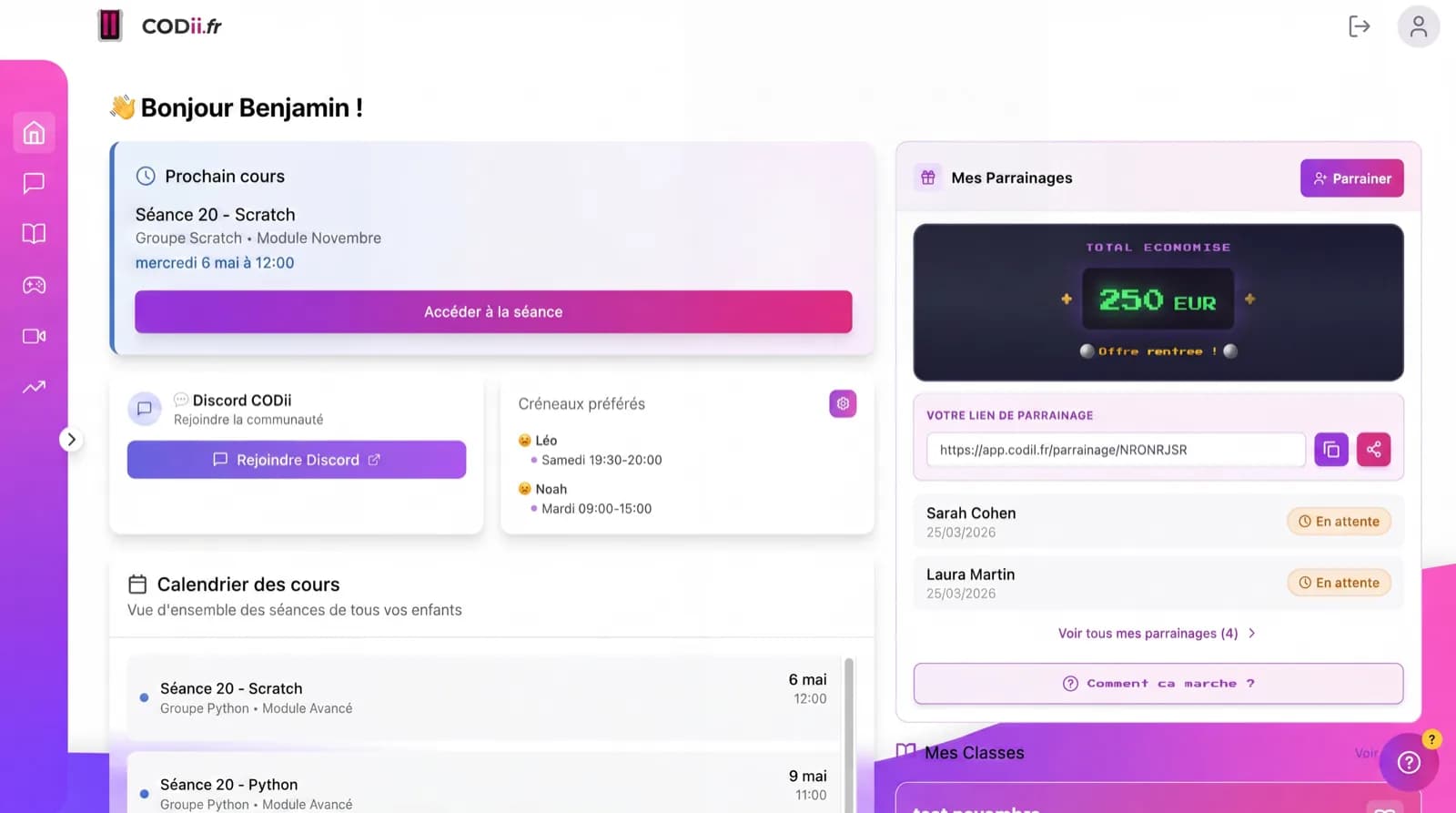 Dashboard parent Codii — prochain cours, calendrier des séances, parrainage