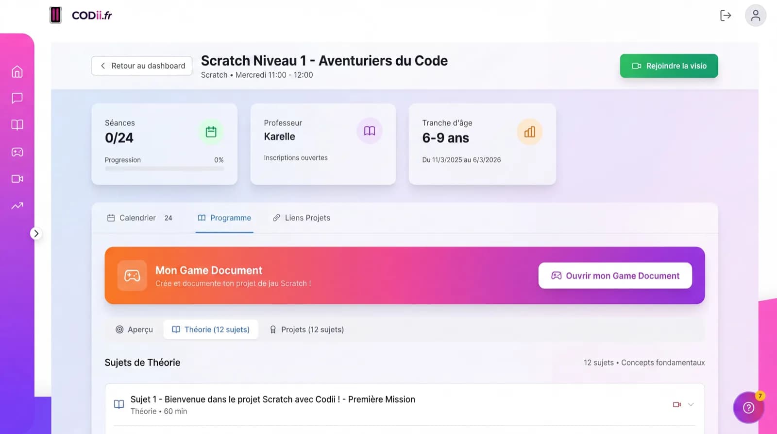 Page de séance Scratch Codii — progression, programme et Game Document