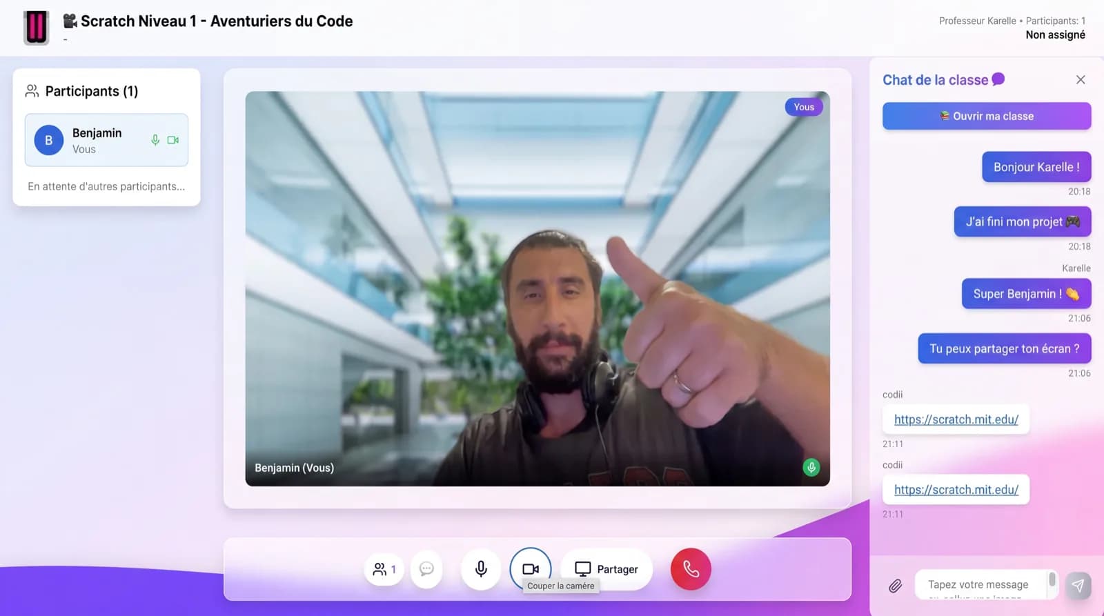 Classe virtuelle Codii — visio mediasoup, partage écran et chat élève/prof